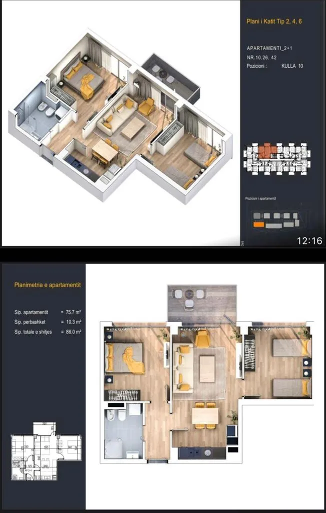 Shitet apartament 2+1 në kune, shëngjin