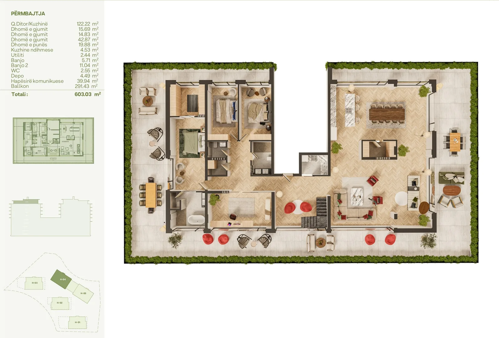 Penthouse 311.6m² banim + 291.43m² terasë dhe 462.11m² terasë në kulm për #SHITJE në Lagjen Lake Side Living.